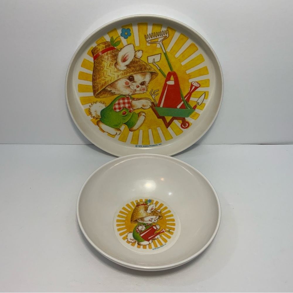 Vintage 1975 The First Years Child’s Dish Set Melamine Plate & Bowl Bunny Rabbit